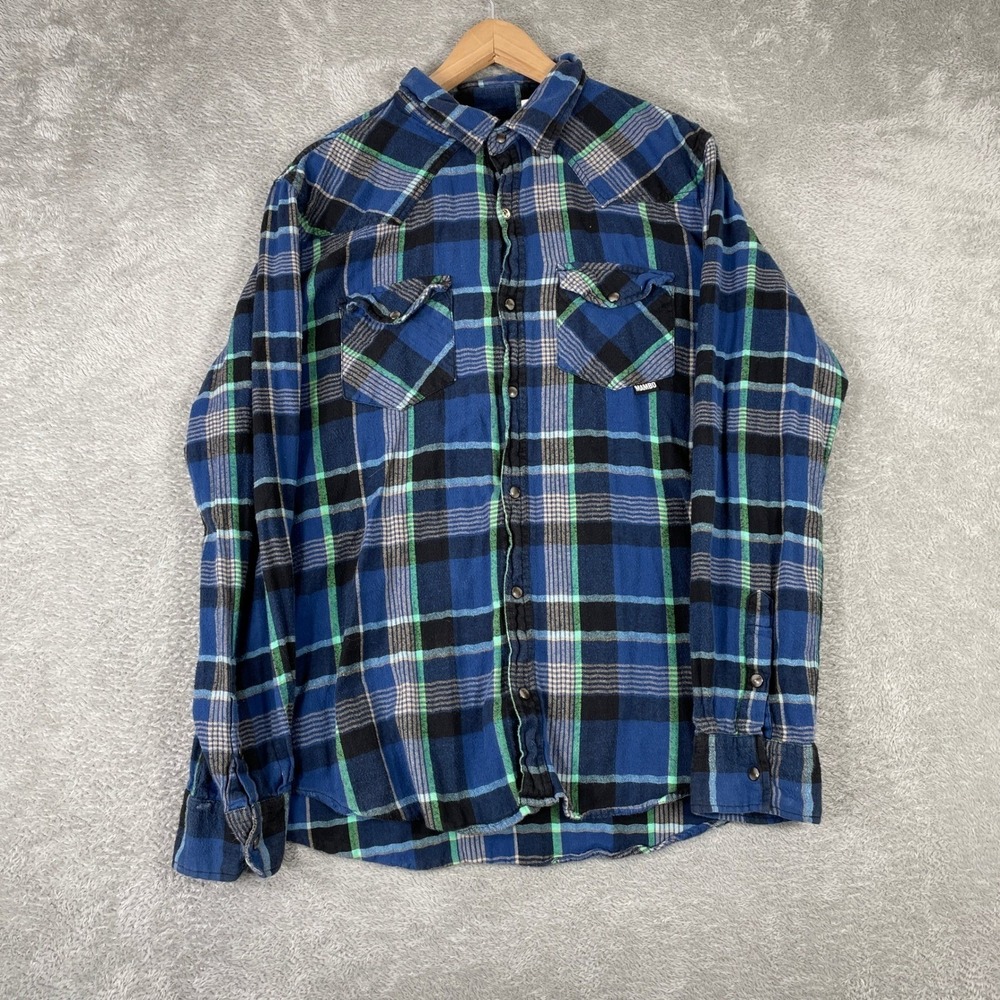 Mambo Western Shirt Mens Large Blue Green Plaid Flannel Pearl Snap Surf Style